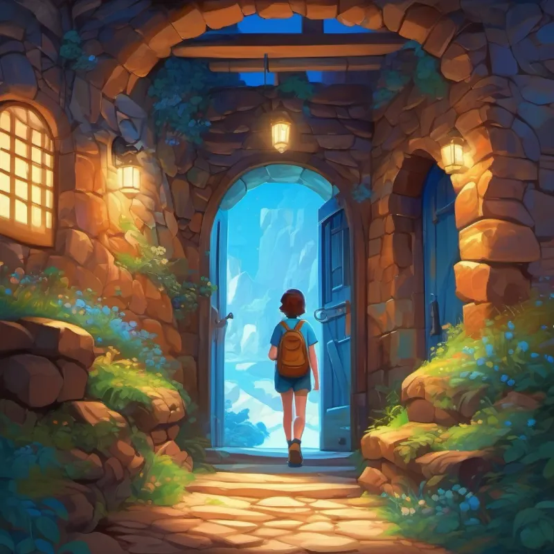 Secret passage filled with number puzzles, Bright blue eyes, thoughtful freckles walks inside
