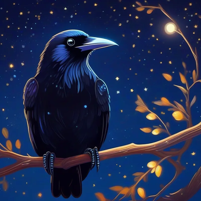 Clever crow with a sparkle in her eyes, wearing a determined expression the crow perched on a branch under a starry night