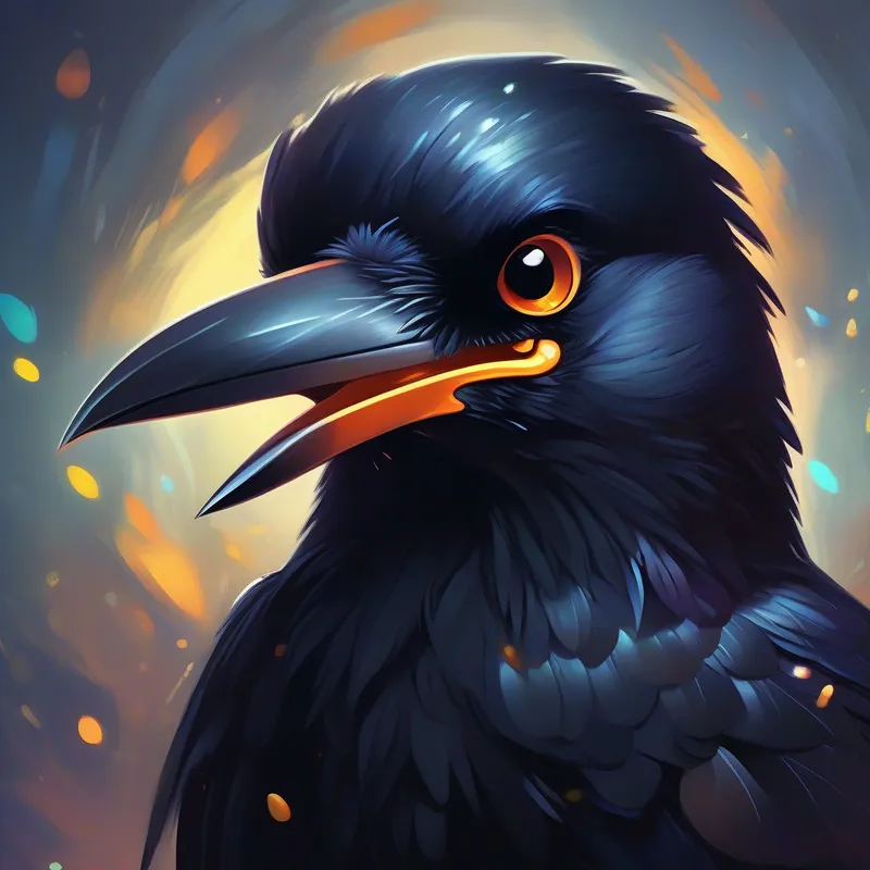 Clever crow with a sparkle in her eyes, wearing a determined expression the crow with a wide grin, holding a shiny stone