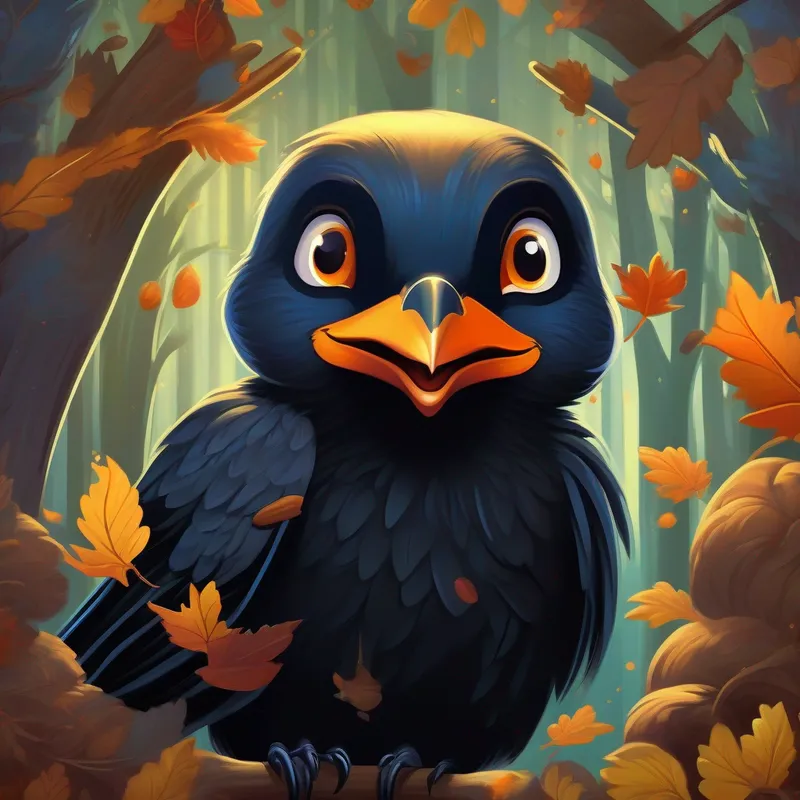 Crow Clever crow with a sparkle in her eyes, wearing a determined expression surrounded by squirrels, Envious squirrel with a mischievous glint in his eyes's eyes narrowed in jealousy