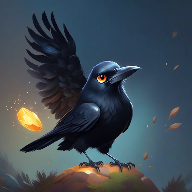 Clever crow with a sparkle in her eyes, wearing a determined expression the crow holding the stone, challenging the squirrels
