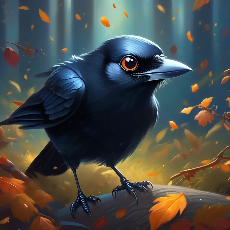 Clever crow with a sparkle in her eyes, wearing a determined expression easily surpassing the squirrels in the contest, celebrating