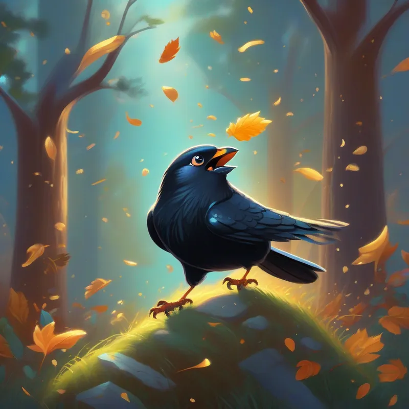 Clever crow with a sparkle in her eyes, wearing a determined expression flying triumphantly with the stone, the squirrels looking amazed