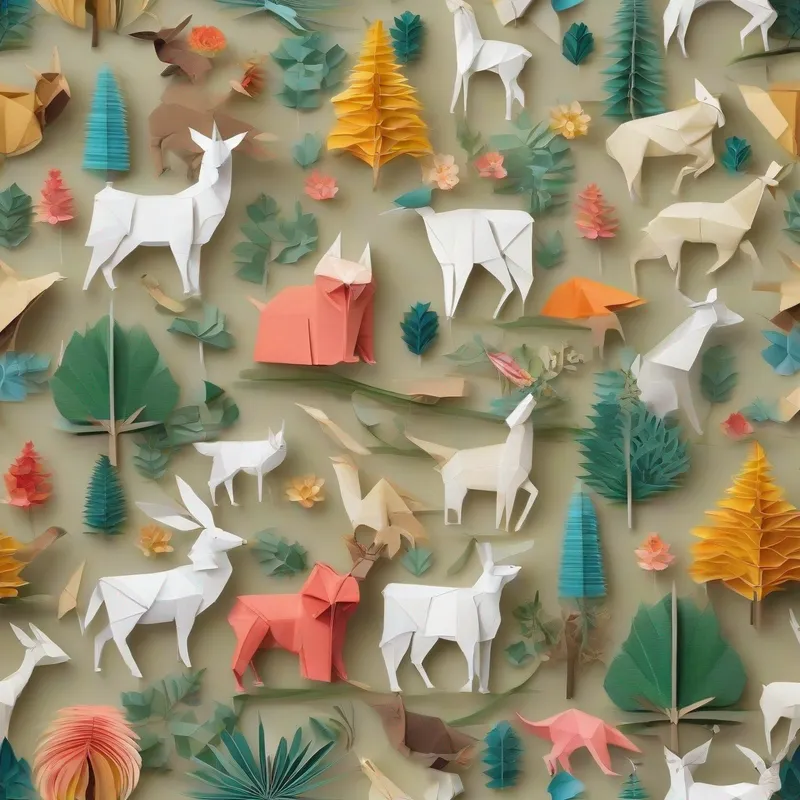 Animais na floresta com árvores e flores