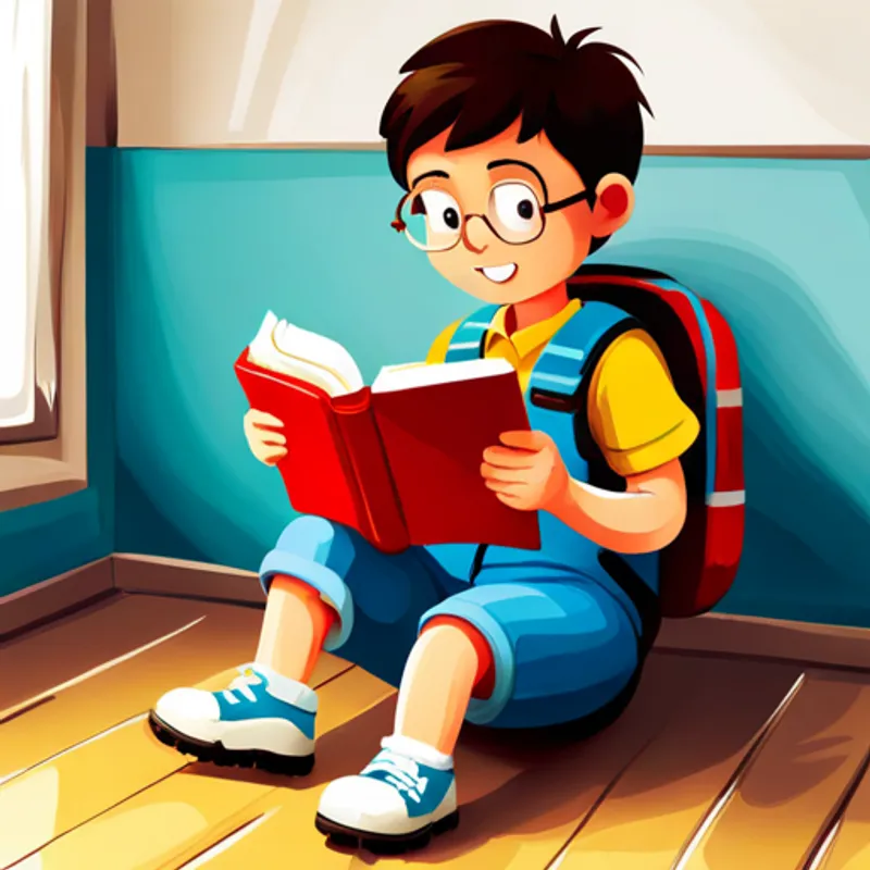 Tim, a happy boy with a backpack, reading a book