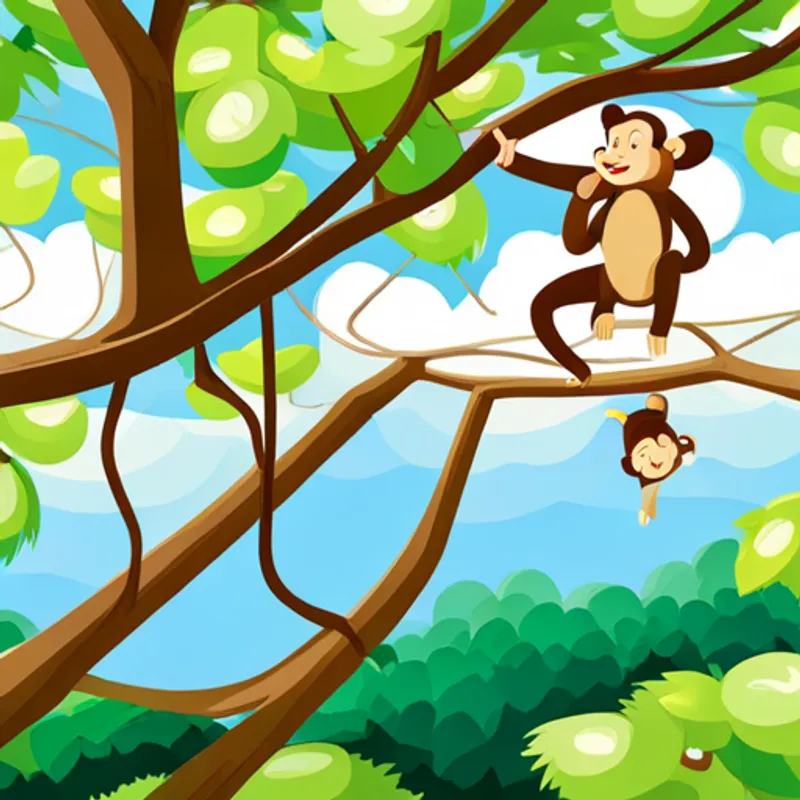 Monkeys swinging from trees and sleeping on branches