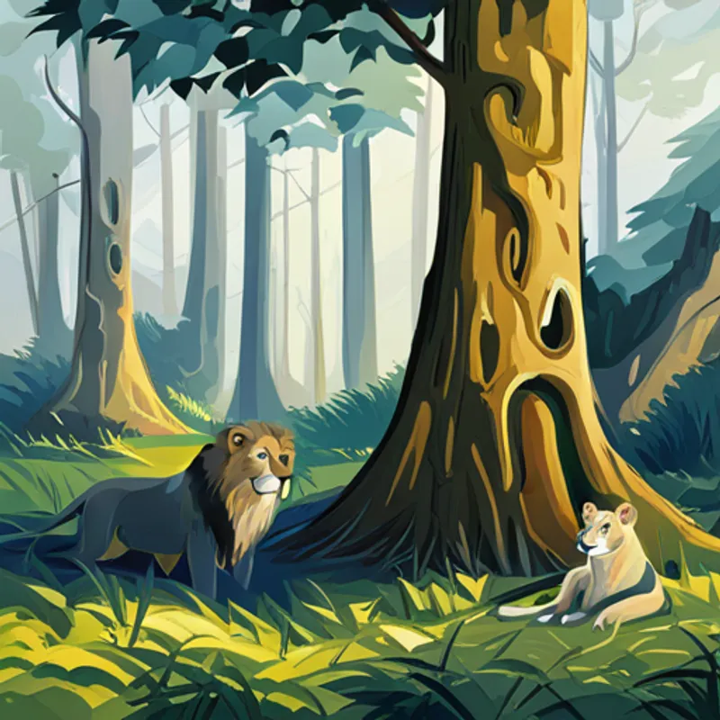 Lions resting under big, tall trees