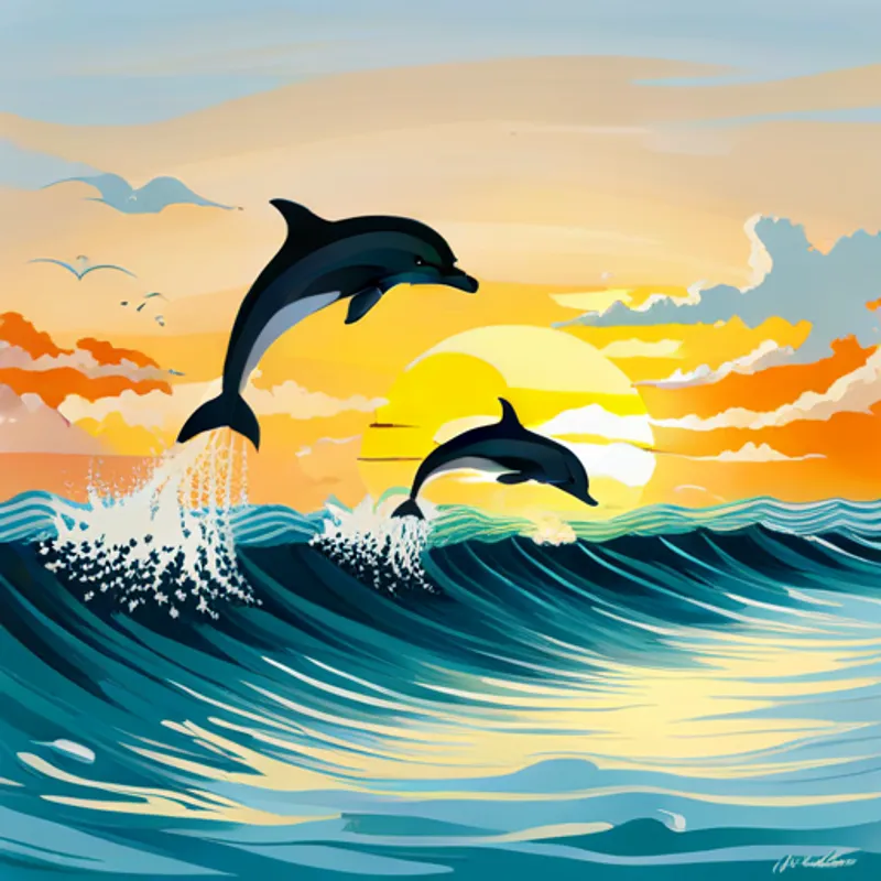 Dolphins jumping and playing in the waves