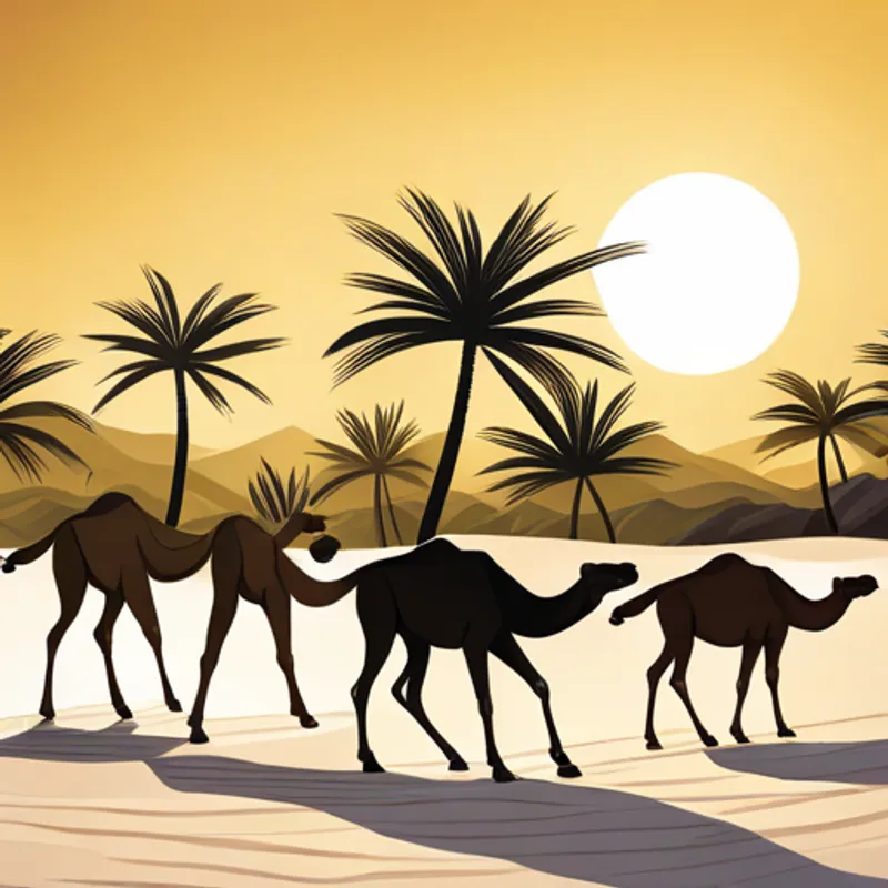 Camels walking across sandy dunes and resting under palm trees