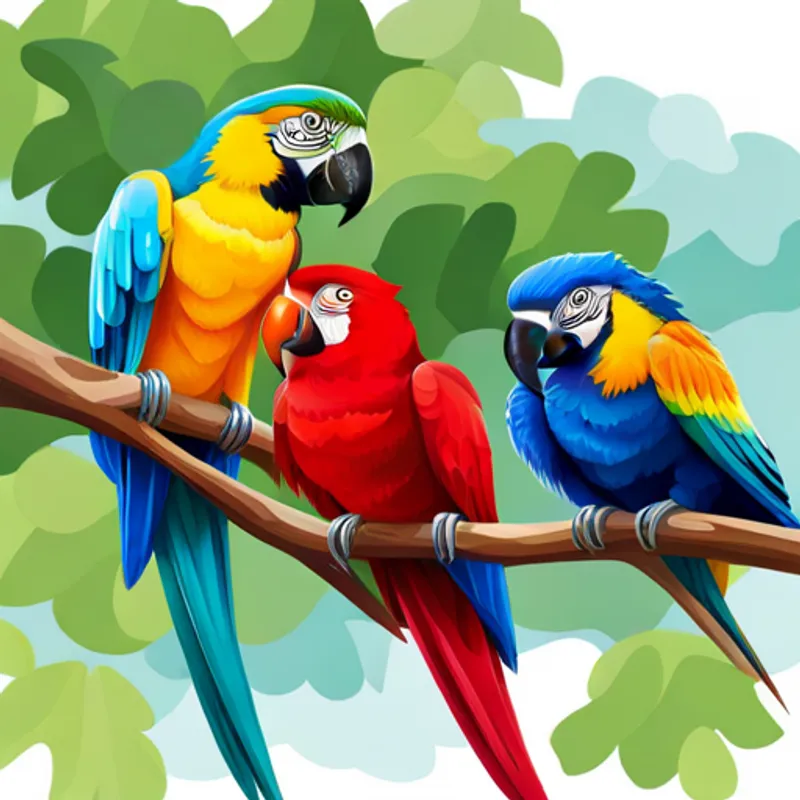 Colorful parrots perched on tree branches