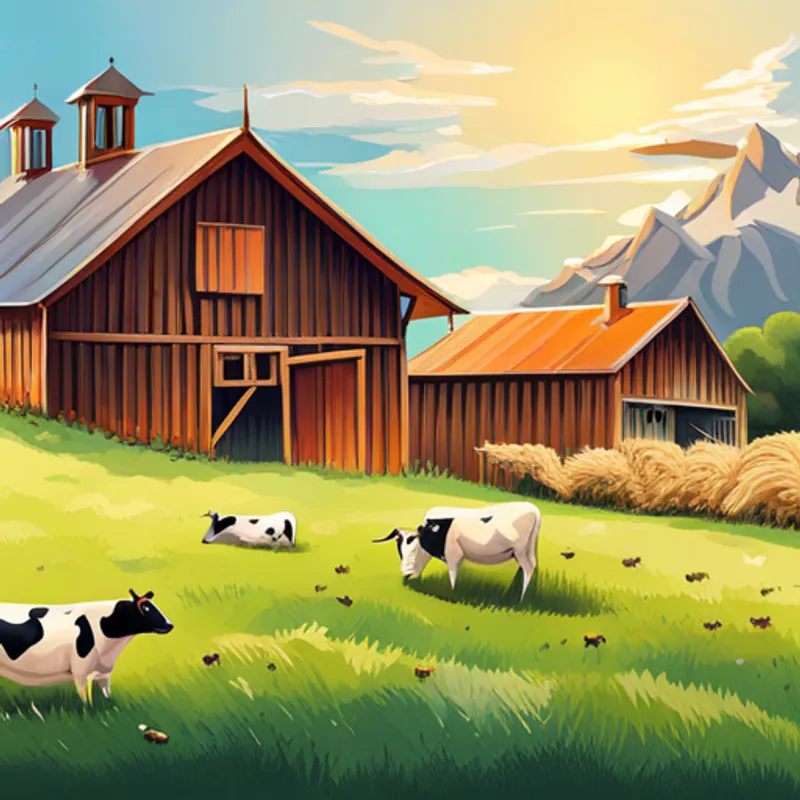 Cows munching on grass and resting in barns