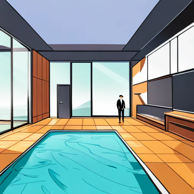 A wealthy man with a modern style and confident demeanor. in his modern house with a swimming pool