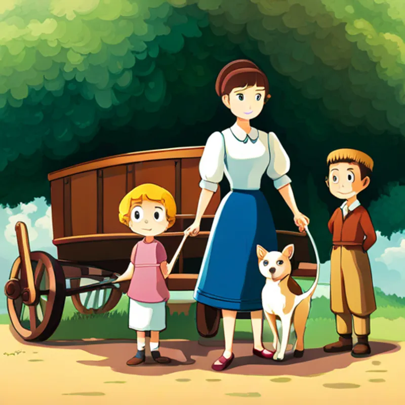 Lucy standing with her family and a wagon