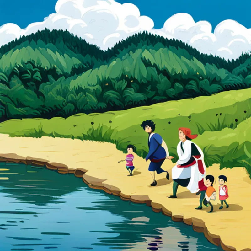 Lucy and her family crossing a river