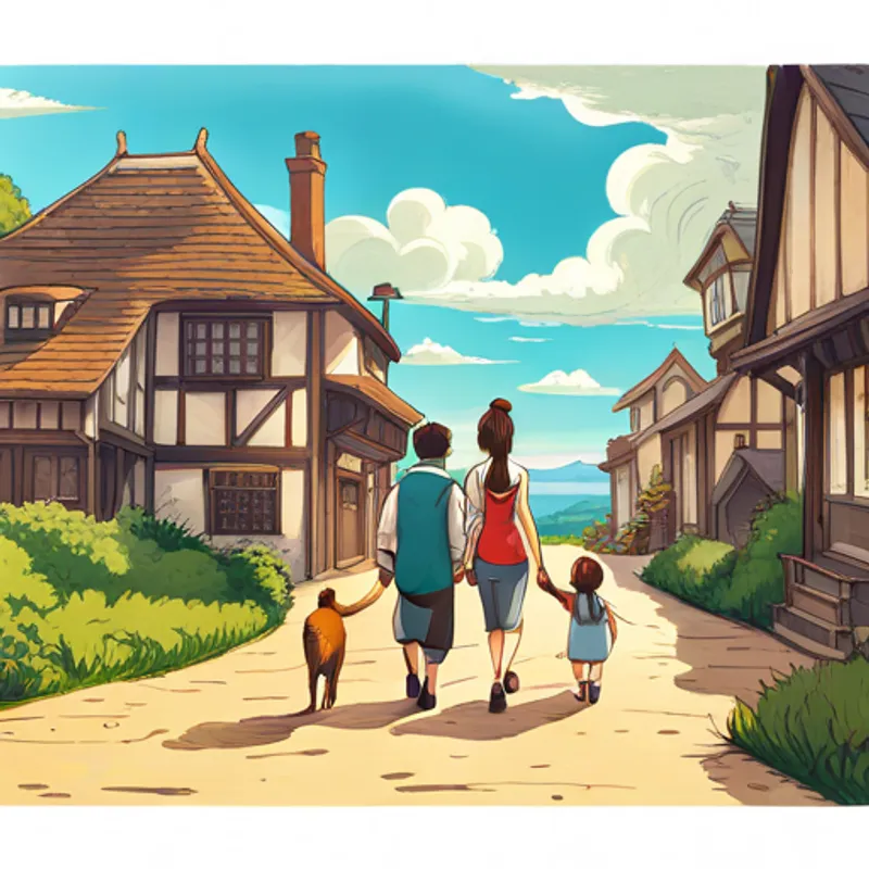 Lucy and her family arriving at their new home