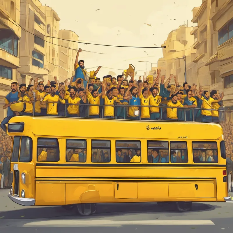 The day of their big match against Iran's Persepolis had finally arrived. The Al-Nasr team packed their bags, put on their yellow jerseys, and headed to the airport. Waiting for them were two big yellow buses that would take them from the airport to their luxurious hotel in Tehran. As they began their journey in the yellow buses, they noticed something unusual happening outside. A huge flock of people wearing Ronaldo jerseys and holding banners with his name started running after their buses. They were all cheering loudly, trying to catch a glimpse of their favorite football star.