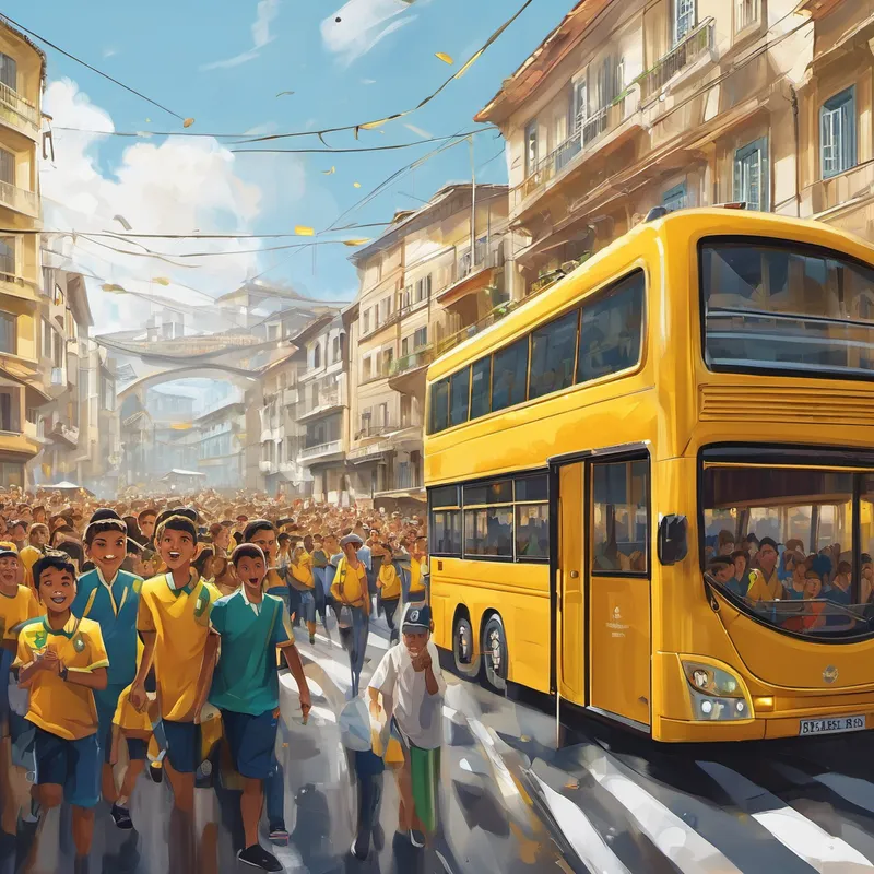 Cristiano Ronaldo couldn't believe his eyes. He had seen passionate fans before, but this was something else. He looked out of the window and saw their smiling faces, waving at him with so much excitement. It warmed his heart to see how much joy he brought to these people. The buses continued driving through the city, and wherever they went, more and more fans joined the incredible procession. The streets were filled with people of all ages, running alongside the team's yellow buses, each one eager to show their love and dedication to Cristiano Ronaldo.