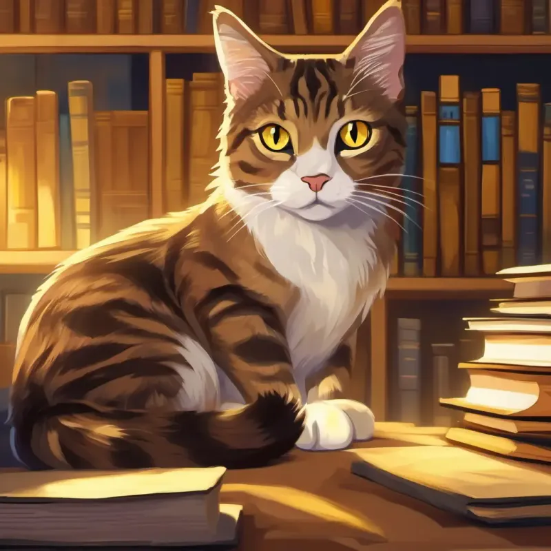 Detective Stella Crawford brown tabby cat with yellow eyes looking for clues at the library.