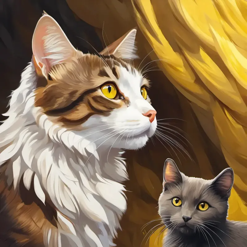 Detective Stella Crawford the brown tabby cat with yellow eyes with a  white sheep