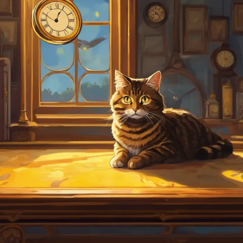 Stella the brown tabby cat with yellow eyes and a clock room.