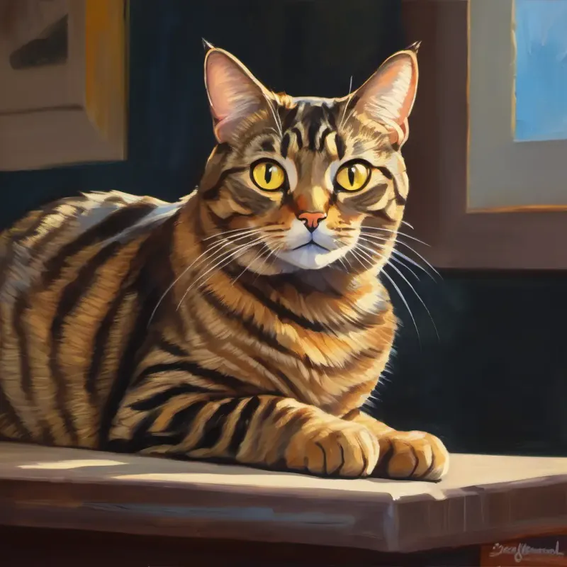 stella crawford  a brown tabby cat with yellow eyes thinking