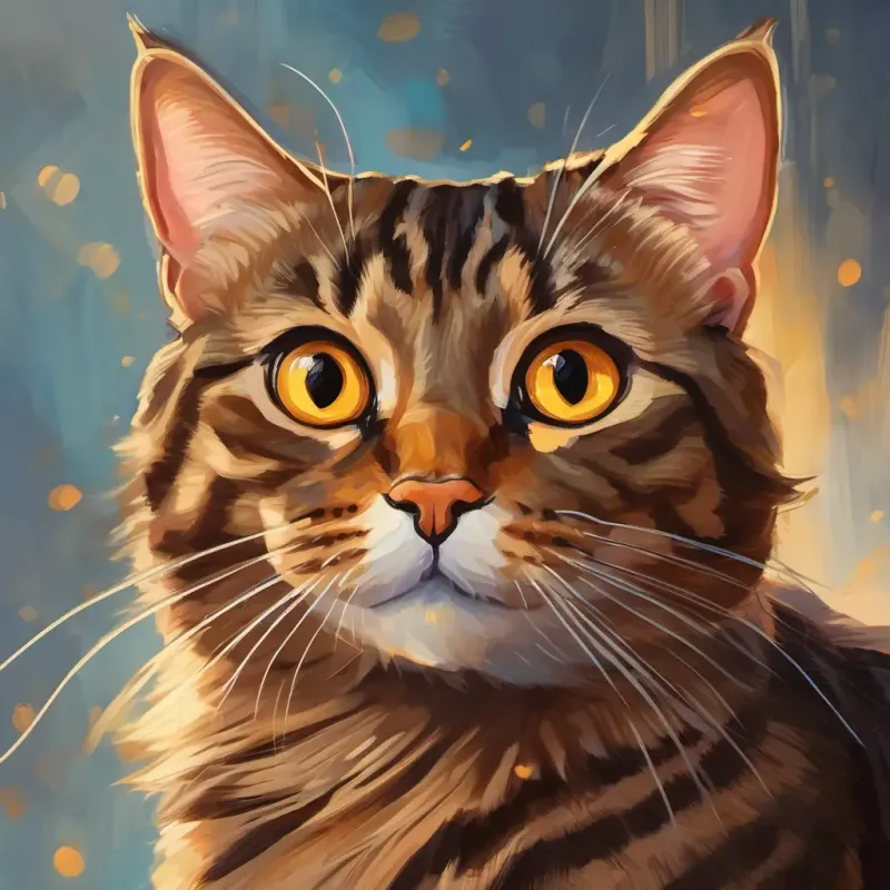 Stella the brown tabby cat with amber eyes happy.