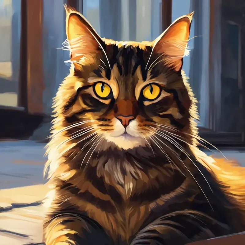 Stella Crawford the brown tabby cat with yellow eyes.