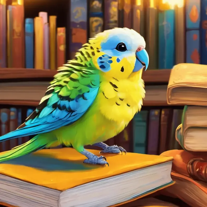 budgerigar happy. background: books