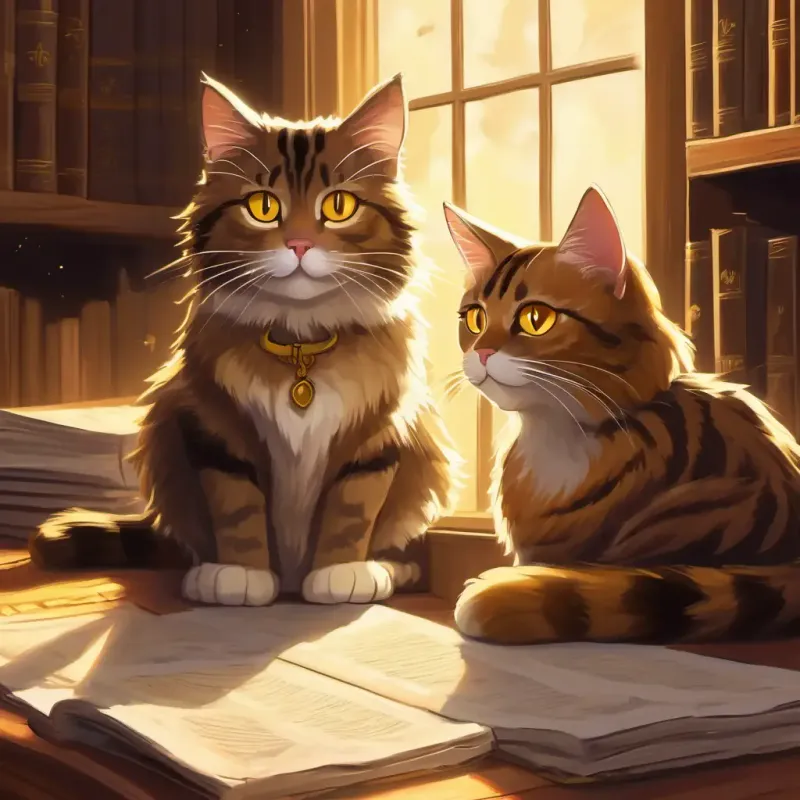 Detective Stella Crawford a brown tabby cat with yellow eyes looks at a manuscript