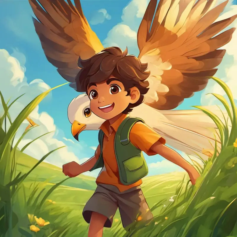 Brown hair, big brown eyes, tan skin, big smile is standing in a lush, green field, with a big smile on his face. Bright, multicolored kite with long, flowing tail is fluttering in the breeze, ready to take flight.