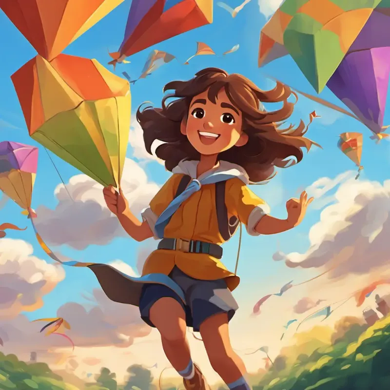 Brown hair, big brown eyes, tan skin, big smile is pointing up at the sky with an amazed expression. Bright, multicolored kite with long, flowing tail is flying high, surrounded by other kites of different shapes and sizes.