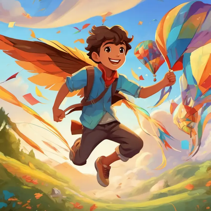 Brown hair, big brown eyes, tan skin, big smile is laughing and jumping around, making swooping movements with his arms. Bright, multicolored kite with long, flowing tail is dancing along with the other kites, creating a beautiful display in the sky.