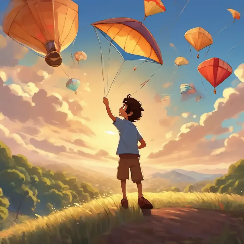 Brown hair, big brown eyes, tan skin, big smile is standing tall and proud, with a wide grin on his face. Below, people are pointing and cheering at the beautiful kites in the sky.