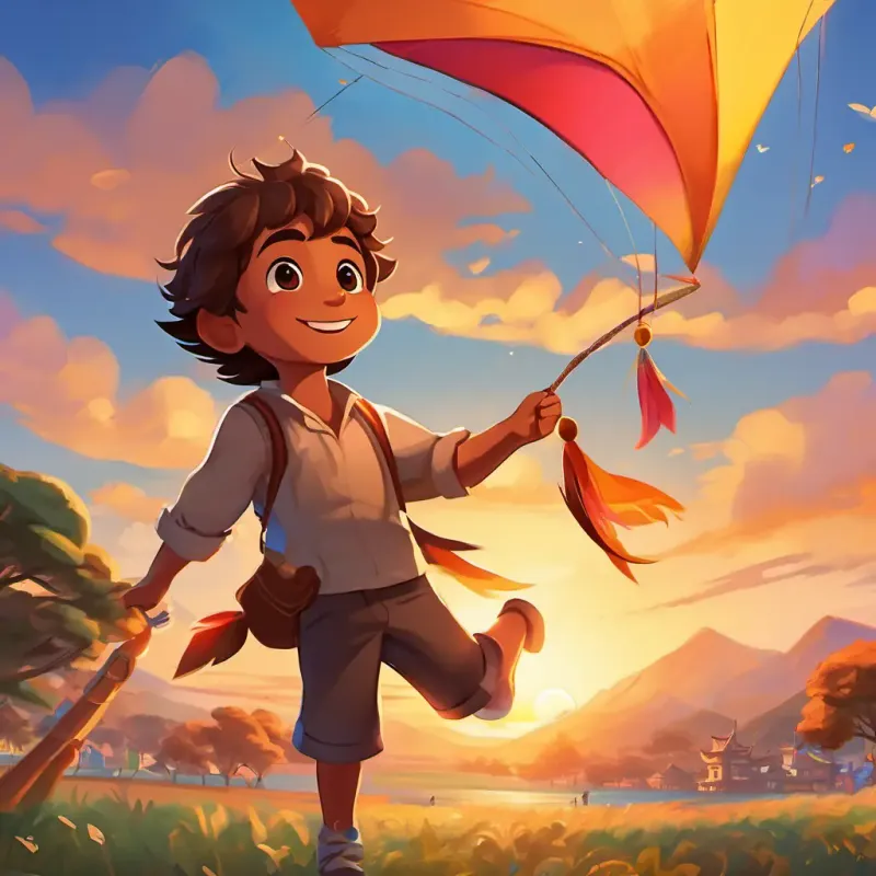 Brown hair, big brown eyes, tan skin, big smile is holding Bright, multicolored kite with long, flowing tail in his hands, looking accomplished and content. The sunset casts a warm glow over the festival grounds, signaling the end of a fun day.