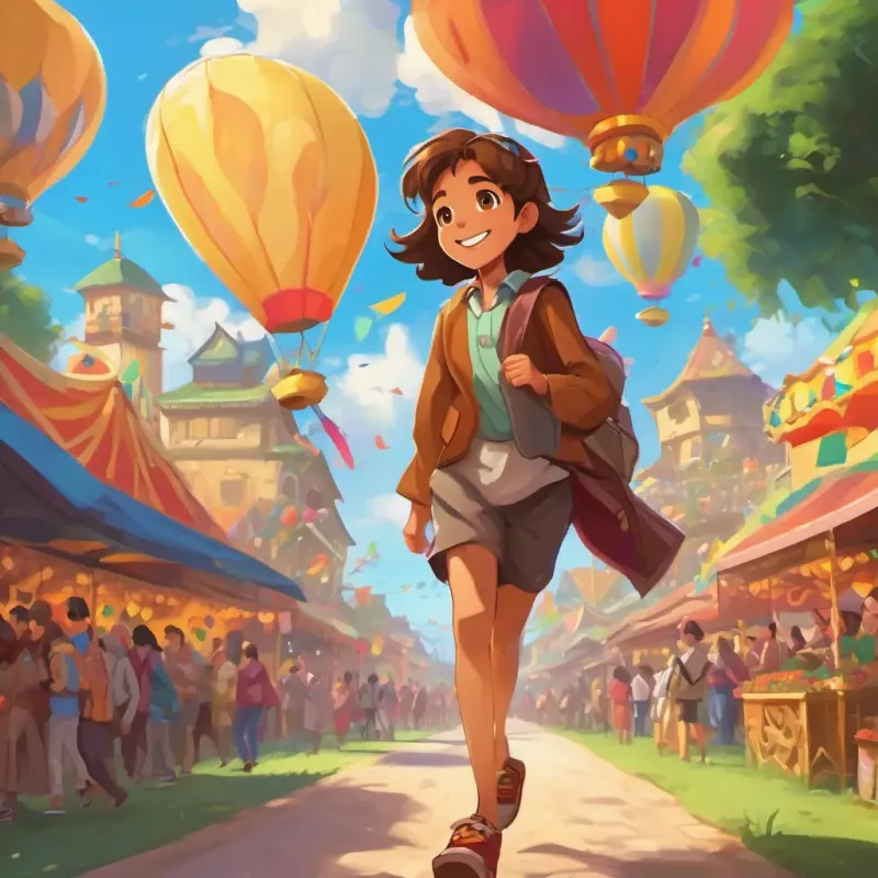 Brown hair, big brown eyes, tan skin, big smile is walking away, with a happy skip in his step. Bright, multicolored kite with long, flowing tail is neatly packed away, and in the distance, the festival grounds are bustling with people and colorful decorations.