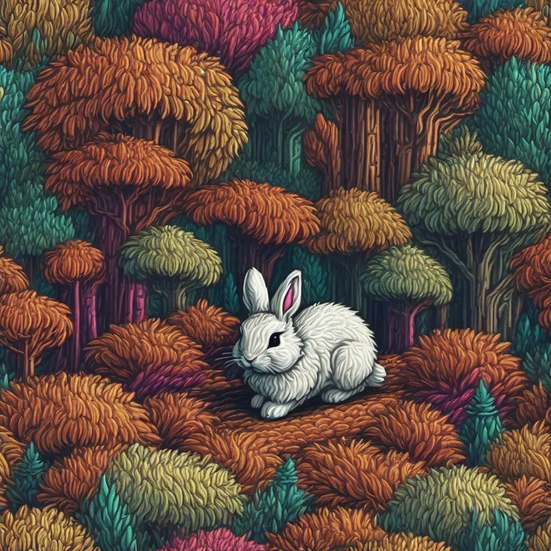 A little bunny with fluffy white fur and big floppy ears. the bunny exploring the colorful forest with tall trees.