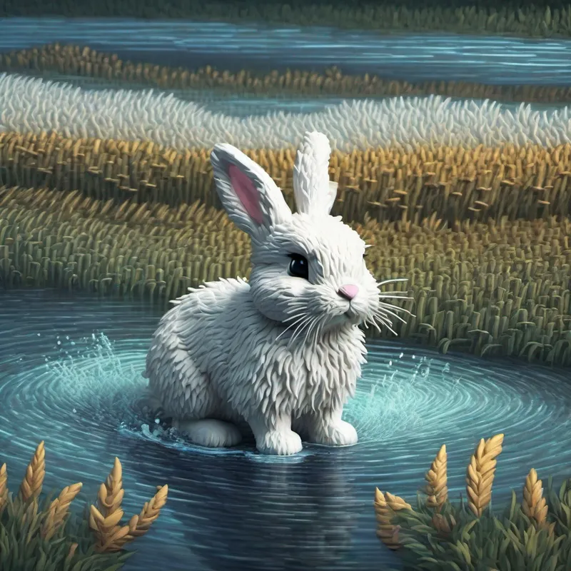 A little bunny with fluffy white fur and big floppy ears. the bunny splashing in the sparkling river with fish.