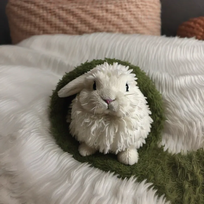 A little bunny with fluffy white fur and big floppy ears. the bunny resting in a cozy cave with a moss blanket.