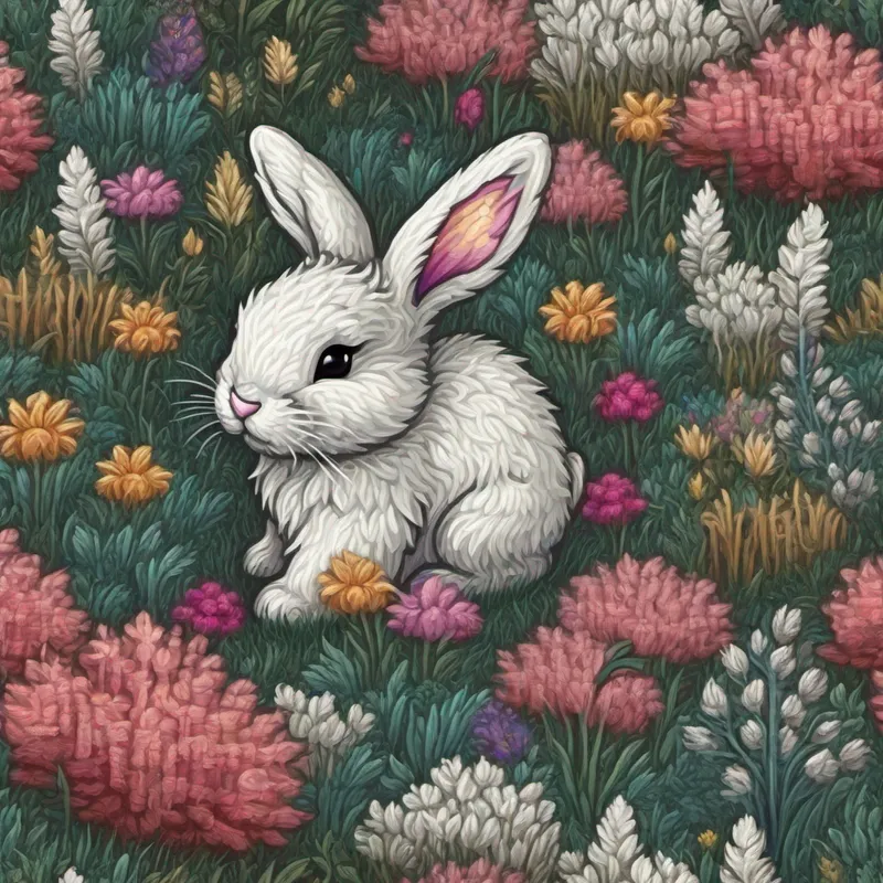 A little bunny with fluffy white fur and big floppy ears. the bunny in a magical meadow with colorful flowers.