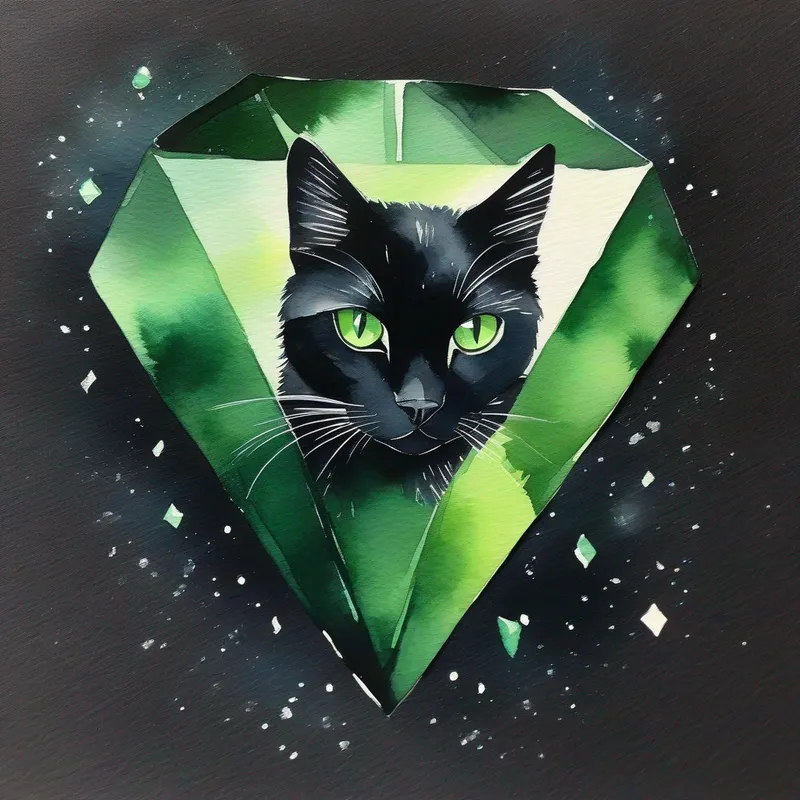 A black cat with shiny fur, a white diamond patch on his chest, and green eyes. the black cat with a diamond-shaped white chest patch.