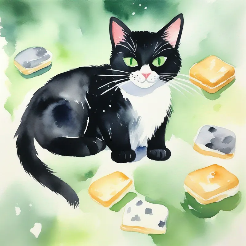 A black cat with shiny fur, a white diamond patch on his chest, and green eyes. making biscuits and struggling with socializing with other cats.