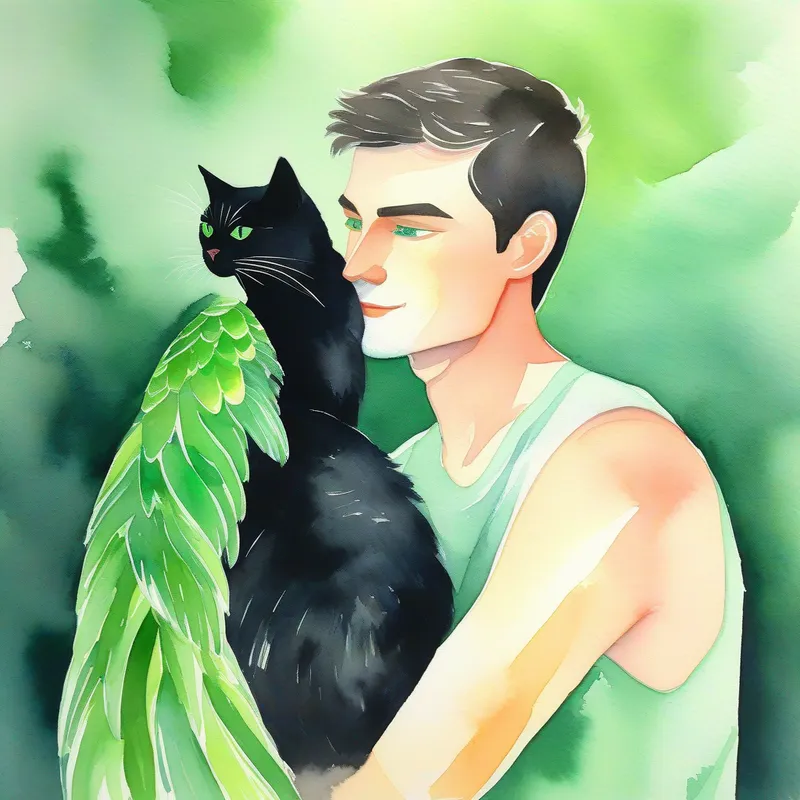 A black cat with shiny fur, a white diamond patch on his chest, and green eyes. pretending to be a parrot and sitting on Vladimir's owner who loved him dearly.'s shoulders.