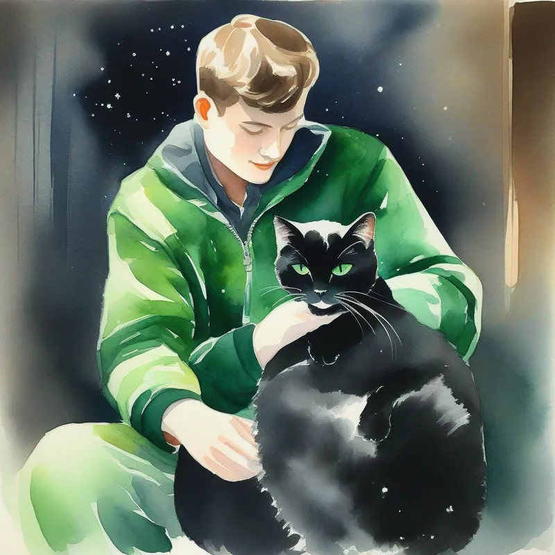 A black cat with shiny fur, a white diamond patch on his chest, and green eyes. with Vladimir's owner who loved him dearly., learning how to use his claws gently and making cat friends.
