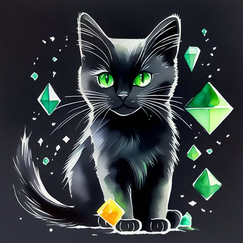 A black cat with shiny fur, a white diamond patch on his chest, and green eyes. bringing toys to other cats and playing with them.