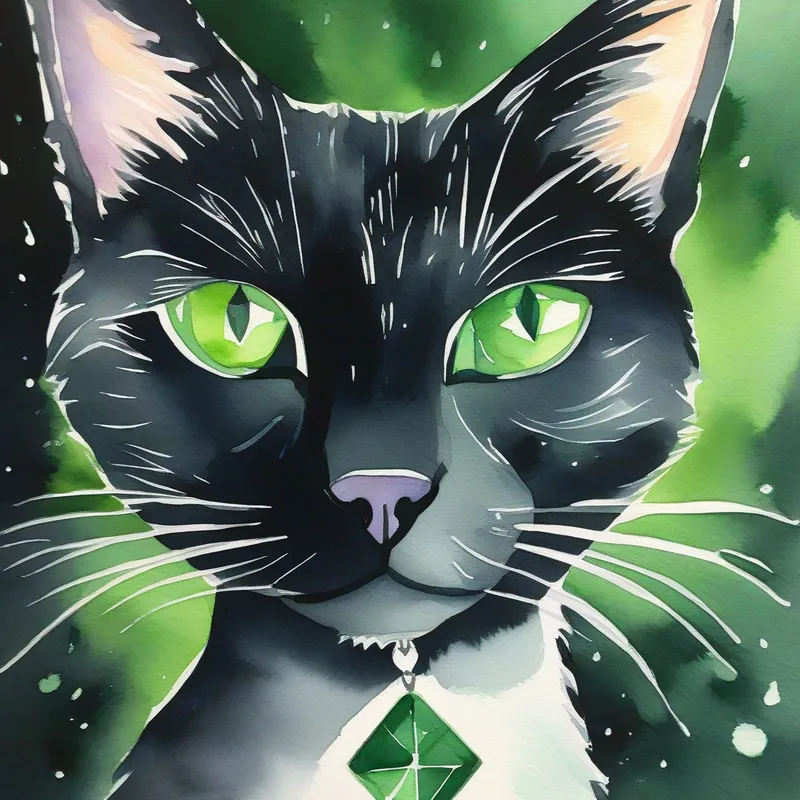 A black cat with shiny fur, a white diamond patch on his chest, and green eyes. realizing the power of empathy and kindness.