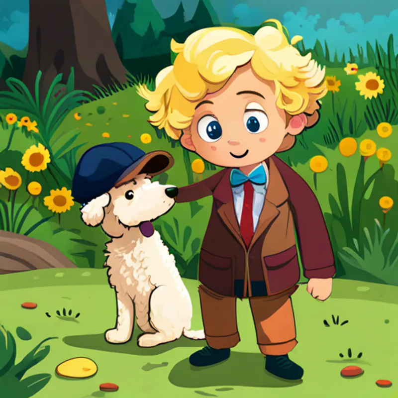 Blond-haired, blue-eyed boy wearing a detective hat and Golden doodle with curly fur and a detective collar playing in a sunny meadow