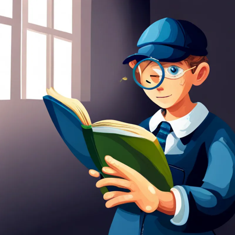 Blond-haired, blue-eyed boy wearing a detective hat reading a book with a detective magnifying glass