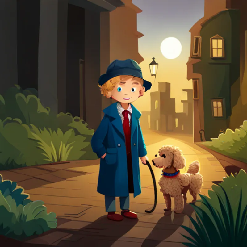 Blond-haired, blue-eyed boy wearing a detective hat and Golden doodle with curly fur and a detective collar searching for clues in the town