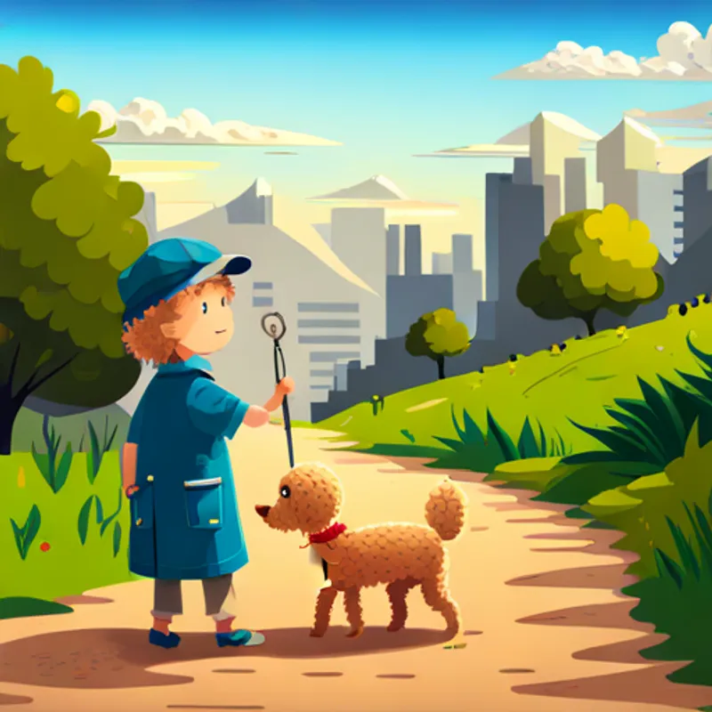 Blond-haired, blue-eyed boy wearing a detective hat and Golden doodle with curly fur and a detective collar discovering footprints and clues