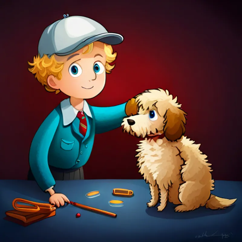Blond-haired, blue-eyed boy wearing a detective hat and Golden doodle with curly fur and a detective collar learning about honesty from a wise owl